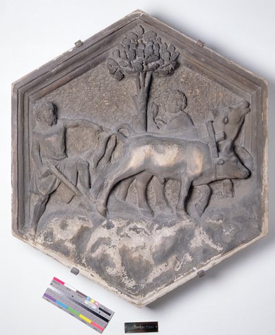 El Arte de la Agricultura, azulejo decorativo hexagonal de una serie que representa a los practicantes de las Artes y las Ciencias, posiblemente basado en diseños de Giotto (c.1266-1337) c.1334-1348 de Andrea Pisano