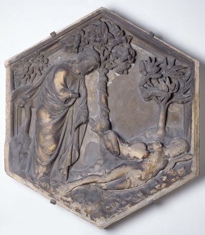 La Creación de Eva, azulejo decorativo hexagonal de una serie que ilustra episodios del Génesis, posiblemente basado en diseños de Giotto (c.1266-1337) c.1334-48 de Andrea Pisano