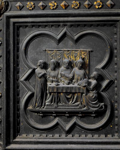 La presentación de la cabeza de San Juan Bautista al rey Herodes, decimoséptimo panel de las puertas sur del Baptisterio de San Giovanni, 1336 de Andrea Pisano