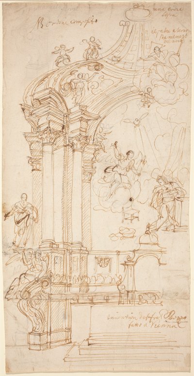 Un baldaquino con un cuadro de la Anunciación, c.1708 o posterior (dibujo a pluma y tinta) de Andrea Pozzo