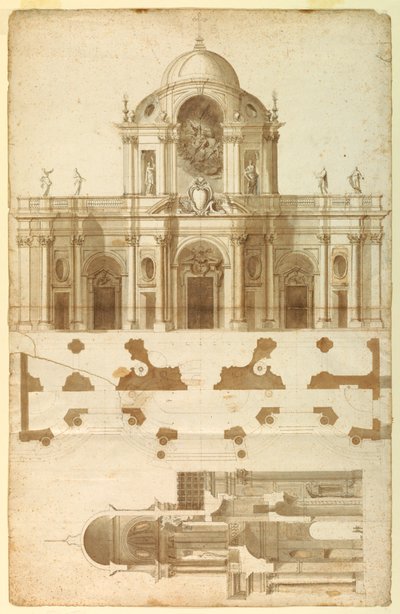 Propuesta de elevación, sección y plano para la fachada de San Giovanni, Laterano, Roma, Italia de Andrea Pozzo