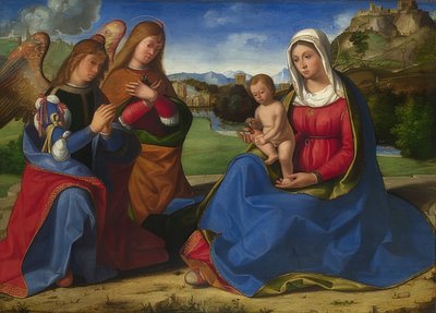 Madonna con niño, adorada por dos ángeles de Andrea Previtali