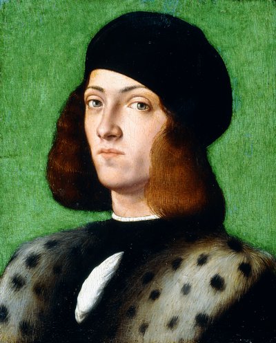 Retrato de un joven caballero, busto, vistiendo una gorra negra y un abrigo negro, 1506 de Andrea Previtali