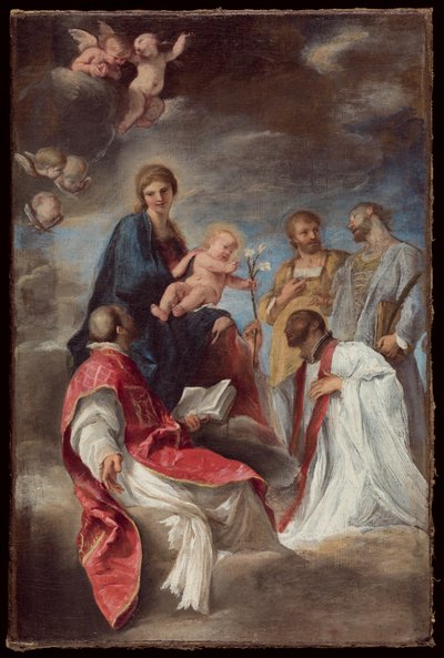 La Virgen y el Niño con los Santos Ignacio de Loyola, Francisco Javier, Cosme y Damián de Andrea Sacchi