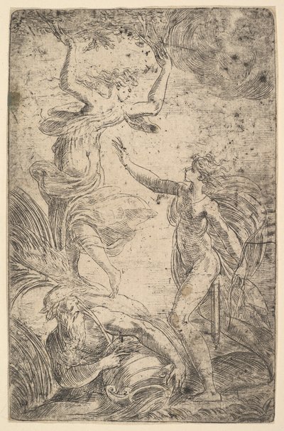Apolo a la derecha sosteniendo un arco persiguiendo a Dafne a la izquierda, ca. 1538-40 de Andrea Schiavone