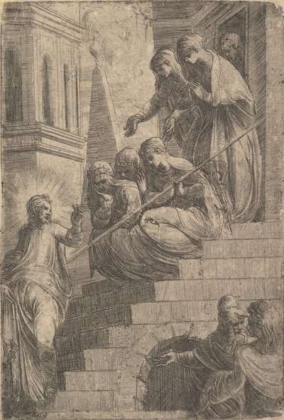 Cristo dirigiéndose a un grupo de mujeres sentadas y de pie en los escalones, ca. 1541-44 de Andrea Schiavone