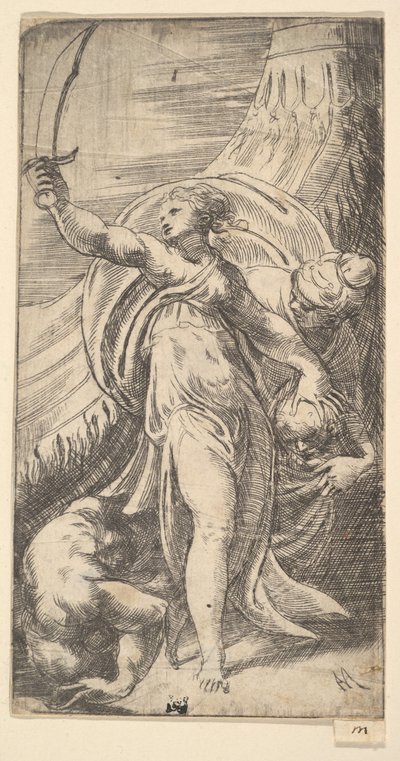 Judith con la espada levantada en su mano derecha, colocando la cabeza de Holofernes en el saco, ca. 1542-45 de Andrea Schiavone