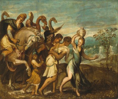 Saludo triunfal al rey Saúl tras la derrota de Goliat por David. de Andrea Schiavone