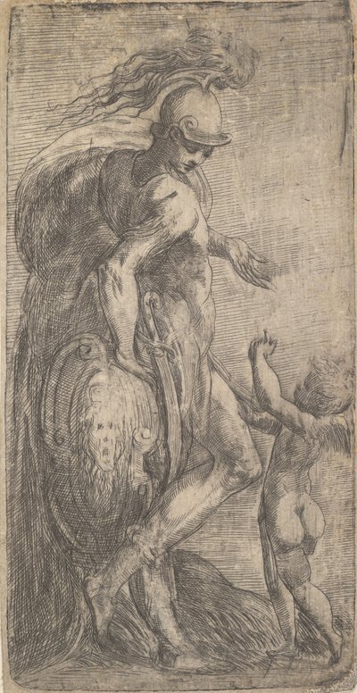 Marte de pie a la izquierda apoyado en un escudo, Cupido a la derecha de Andrea Schiavone