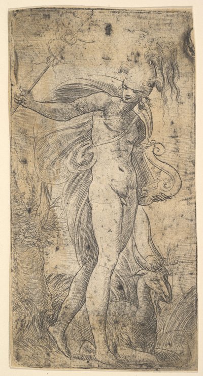 Mercurio de pie sosteniendo un caduceo en su mano derecha, una lira en su izquierda, ca. 1536-40 de Andrea Schiavone