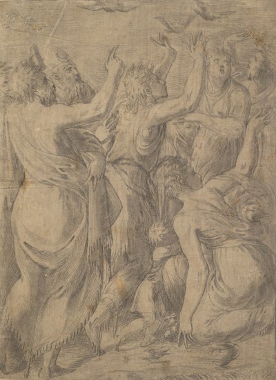 Moisés mostrando las codornices a los israelitas el milagro de las codornices y el maná, ca. 1545 de Andrea Schiavone