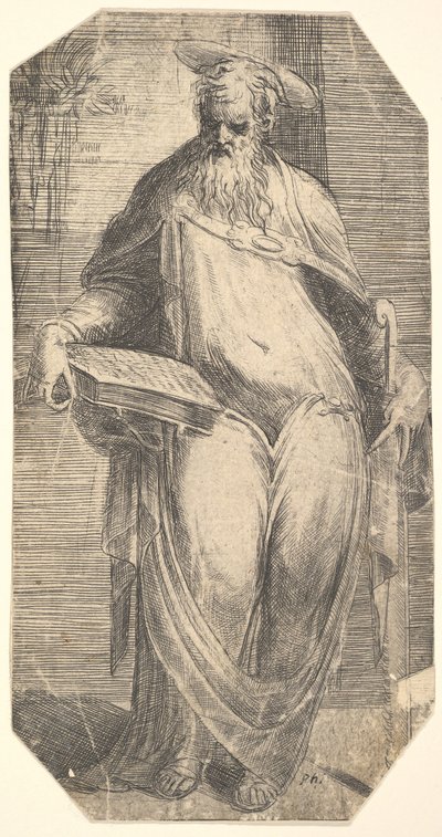 San Simón de pie, sosteniendo un libro en su muslo derecho, de 