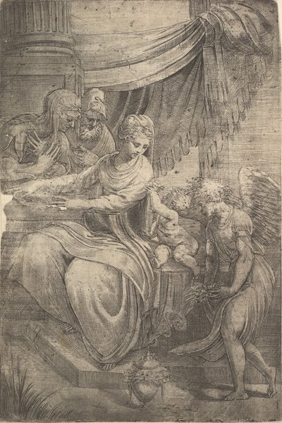 La Sagrada Familia, un ángel sosteniendo flores acercándose desde la derecha, ca. 1550-53 de Andrea Schiavone