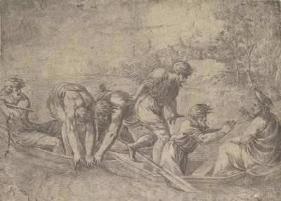 La pesca milagrosa, Cristo a la derecha acompañado por apóstoles, ca. 1548-52 de Andrea Schiavone