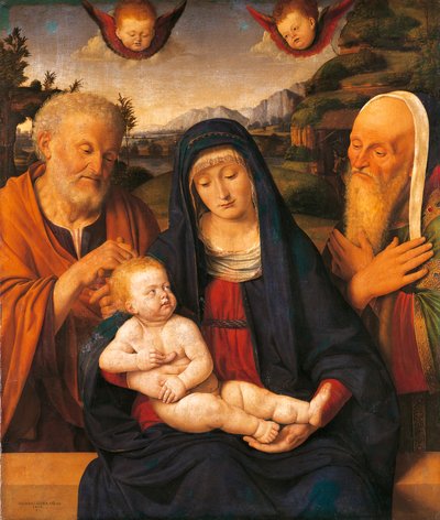 Virgen con el Niño y los Santos José y Simeón de Andrea Solario (1470-1524), temple y óleo sobre tabla, transferido a lienzo de Andrea Solario