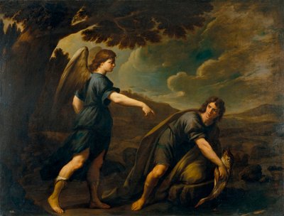 El ángel y Tobías con el pez - Pintura de Andrea Vaccaro (1604-1670), óleo sobre lienzo (199,5x262 cm), hacia 1640, arte italiano de Andrea Vaccaro