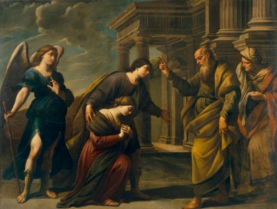 Raguel bendice a su hija Sarah antes de partir hacia Ecbatane con Tobias (la bendición de Raguel de su hija Sarah antes de dejar Ecbatana con Tobias) - Pintura de Andrea Vaccaro (1604-1670), óleo sobre lienzo (200,3x262 cm), alrededor de 1640, arte italian de Andrea Vaccaro