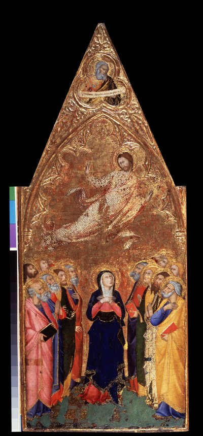 ""La Ascensión de Cristo"" Abajo, La Virgen María y los apóstoles observando a Jesucristo. Arriba, representación del profeta Jeremías. Témpera sobre madera de Andrea Vanni (1332-1414) 1355-1360 Dim. 68x28 cm Museo del Hermitage, San Petersburgo (Saint-Pet de Andrea Vanni