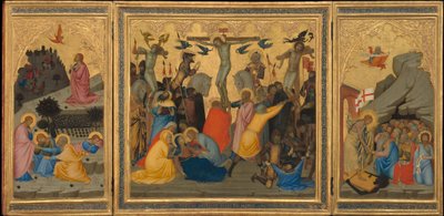 Escenas de la Pasión de Cristo: La agonía en el jardín, la crucifixión y el descenso al limbo [tríptico completo] de Andrea Vanni