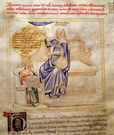 Alegoría de la Astrología o de la Astronomía en “Song of the Seven Vertus and the Seven Liberals Arts destinee a Bruzio Visconti” (La Canzone delle Virtu e delle Scienze) de Bartolomeo di Bartoli. Acuarela de Andrea di Bartoli (activo entre 1358 y 1368) de Andrea de Bartoli