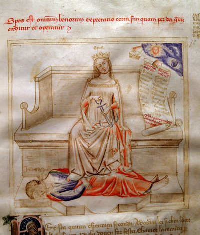 Alegoría de la Fe en “Chansonne des sept virtues et des sept arts liberaux destinee a Bruzio Visconti” (La Canzone delle Virtu e delle Scienze) de Bartolomeo di Bartoli. Acuarela de Andrea di Bartoli (activo entre 1358 y 1368) de Andrea de Bartoli