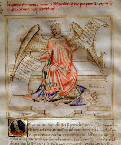 Alegoría de la Caridad alada pisoteando a Herodes I el Grande en “Song of the Seven Vertus and the Seven Liberals Arts destinee for Bruzio Visconti” (La Canzone delle Virtu e delle Scienze) de Bartolomeo di Bartoli. Acuarela de Andrea di Bartoli de Andrea de Bartoli
