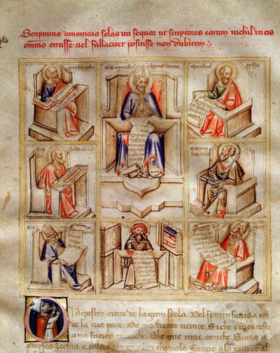 Representación de los doctores de la iglesia: San Juan, San Ambrosio de Milán, San Jerónimo, San Gregorio el Grande y San Pablo en 
