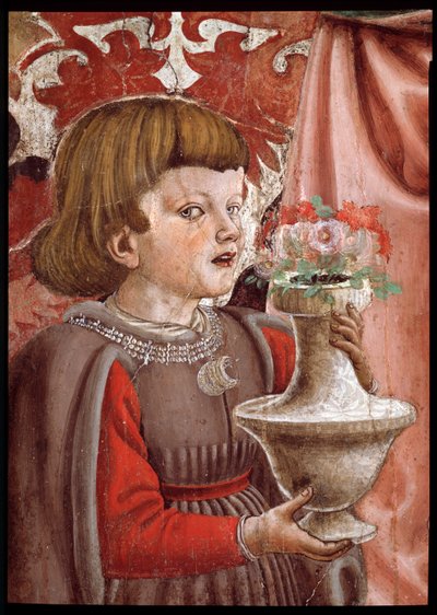 Virgen y Niño con dos ángeles, San Juan Bautista y otro santo, y dos hijos de la familia Pazzi (detalle) de Andrea del Castagno