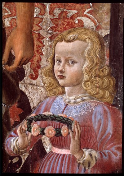 Virgen y niño con dos ángeles, San Juan Bautista y otro santo, y dos hijos de la familia Pazzi (detalle) de Andrea del Castagno