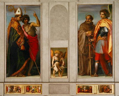 Retablo con los Cuatro Santos: el Arcángel, Miguel, Juan Gualberto, Bernardo y Juan el Bautista, 1528 de Andrea del Sarto