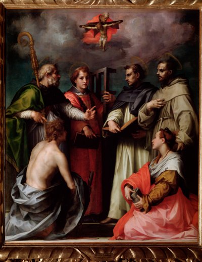 La disputa de la Santísima Trinidad, con San Pedro, San Lorenzo, San Agustín de Hipona, San Francisco, San Sebastián, Santa María Magdalena de Andrea del Sarto
