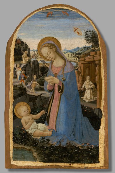 La Adoración del Niño Jesús con San Francisco de Asís Recibiendo los Estigmas; Tobías y el ángel; San Juan Bautista en el desierto; y el Penitente San Jerónimo de Andrea del Verrocchio