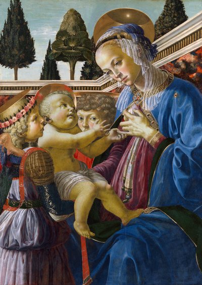 ""Virgen y niño con dos ángeles"" Pintura de Andrea del Verrocchio (1437-1488) 1467-1469 Galería Nacional de Londres de Andrea del Verrocchio