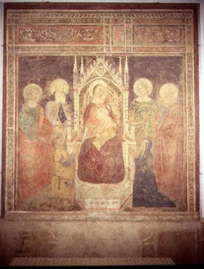 Madonna y el Niño con San Elías, San Juan Bautista, San Nicolás y San Leonardo de Andrea di Bonaiuto (fl.1343 77)