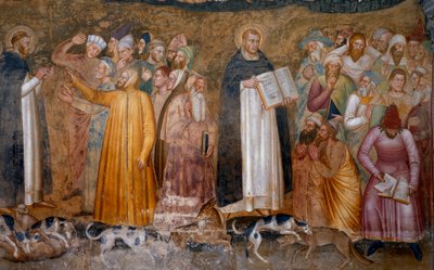 Triunfo de la iglesia militante: Tomás de Aquino ante los herejes y en la parte inferior derecha, Fra Dolcino rasgando la doctrina oficial de la Iglesia. Capilla de los Españoles (detalle) de Andrea di Bonaiuto (fl.1343 77)