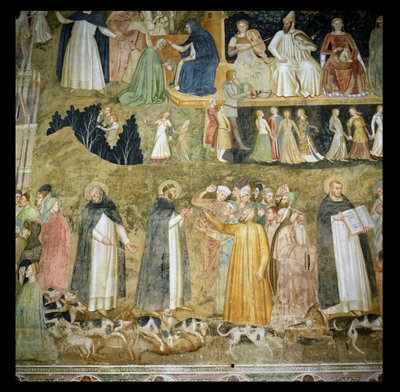 San Domingo enviando a los perros del Señor, con San Pedro Mártir y Santo Tomás de Aquino, c.1369 de Andrea di Bonaiuto