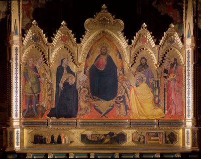 Maestà representando a Jesús en el trono con San Miguel, María y Santo Tomás de Aquino, San Juan Bautista, San Pedro, San Lorenzo y San Pablo de Andrea di Cione Orcagna