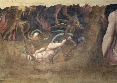 El Triunfo de la Muerte, detalle de un diablo llevándose a un pecador al infierno (detalle) de Andrea di Cione Orcagna