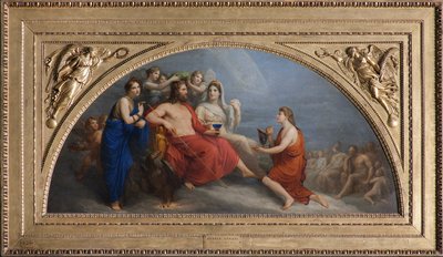 El Olimpo (Júpiter, coronado con mirto por las Horas, ofrece una copa a Ganimedes para ser servido néctar) de Andrea the Elder Appiani