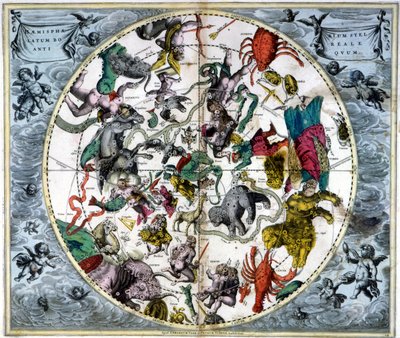 Mapa del cielo y signos del zodiaco - facsímil de una antigua composición que representa las constelaciones del cielo boreal, basada en la "Harmonia Macrocosmica" de André Cellarius de Andreas (after) Cellarius
