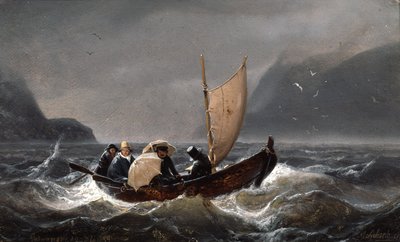 Artistas en clima tormentoso en Sognefjorden de Andreas Achenbach