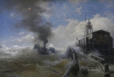 Un remolcador sale del puerto de Ostende con marea alta de Andreas Achenbach