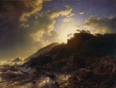 Francés: Coucher de soleil après une tempête sur la côte de la Sicile Puesta de sol tras una tormenta en la costa de Sicilia de Andreas Achenbach