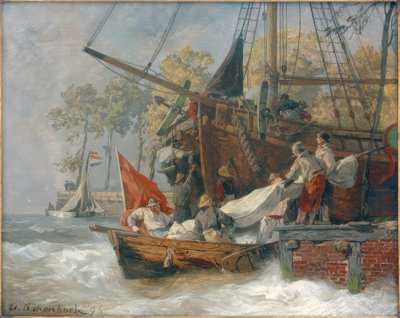 Entrada al puerto en mar tormentoso de Andreas Achenbach