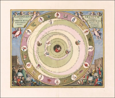 Carta celeste de 1660 que ilustra el modelo del universo del astrónomo griego Arato. de Andreas Cellarius