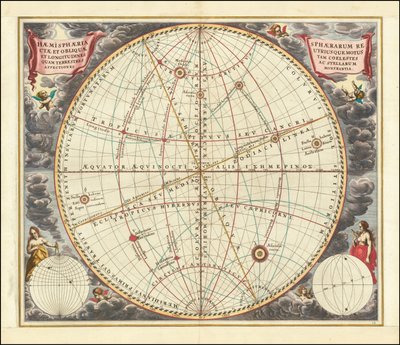 Carta celeste de 1660 que ilustra los movimientos de la esfera recta (sistema de coordenadas ecuatoriales) y de la esfera oblicua (sistema de coordenadas eclípticas). de Andreas Cellarius