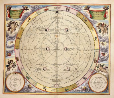 Fases de la Luna y su órbita, grabado de Harmonia Macrocosmica, por Andreas Cellarius (1596-1665) de Andreas Cellarius
