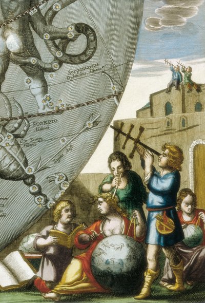 Científicos (astrólogos y astrónomos) estudiando globos y la carta del cielo, (detalle) de Andreas Cellarius