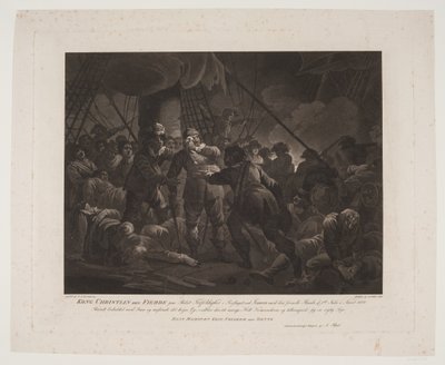 El rey Christian IV en el barco Trefoldigheden en la batalla naval de Femern de Andreas Flint