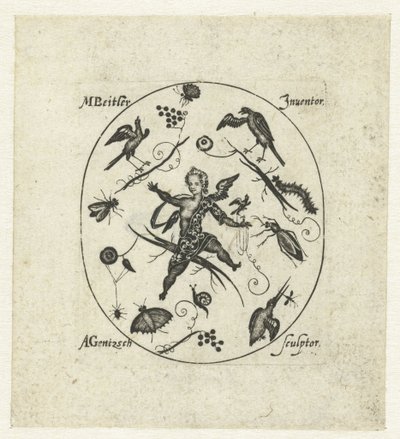 Óvalo con putto rodeado de pájaros, mariposas e insectos. Grotescos modernos en forma de adornos negros (título de la serie) de Andreas Gentzsch